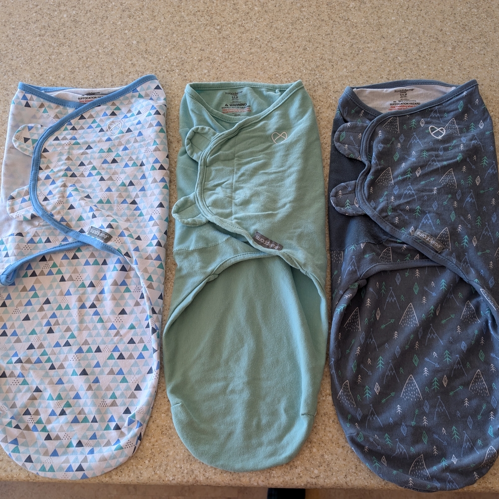 Set of 3 Baby Swaddle Wraps in Blue, Green, and Gray